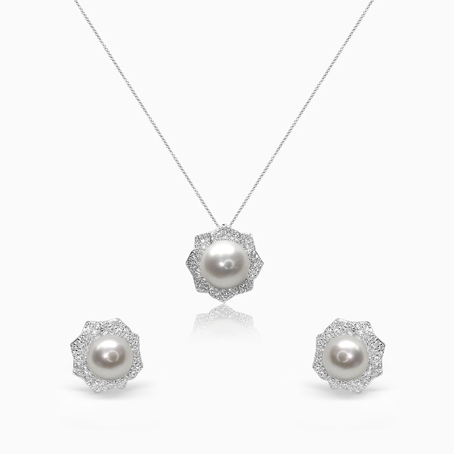 Silver Sparkling Periwinkle Pearl Flower Pendant Set