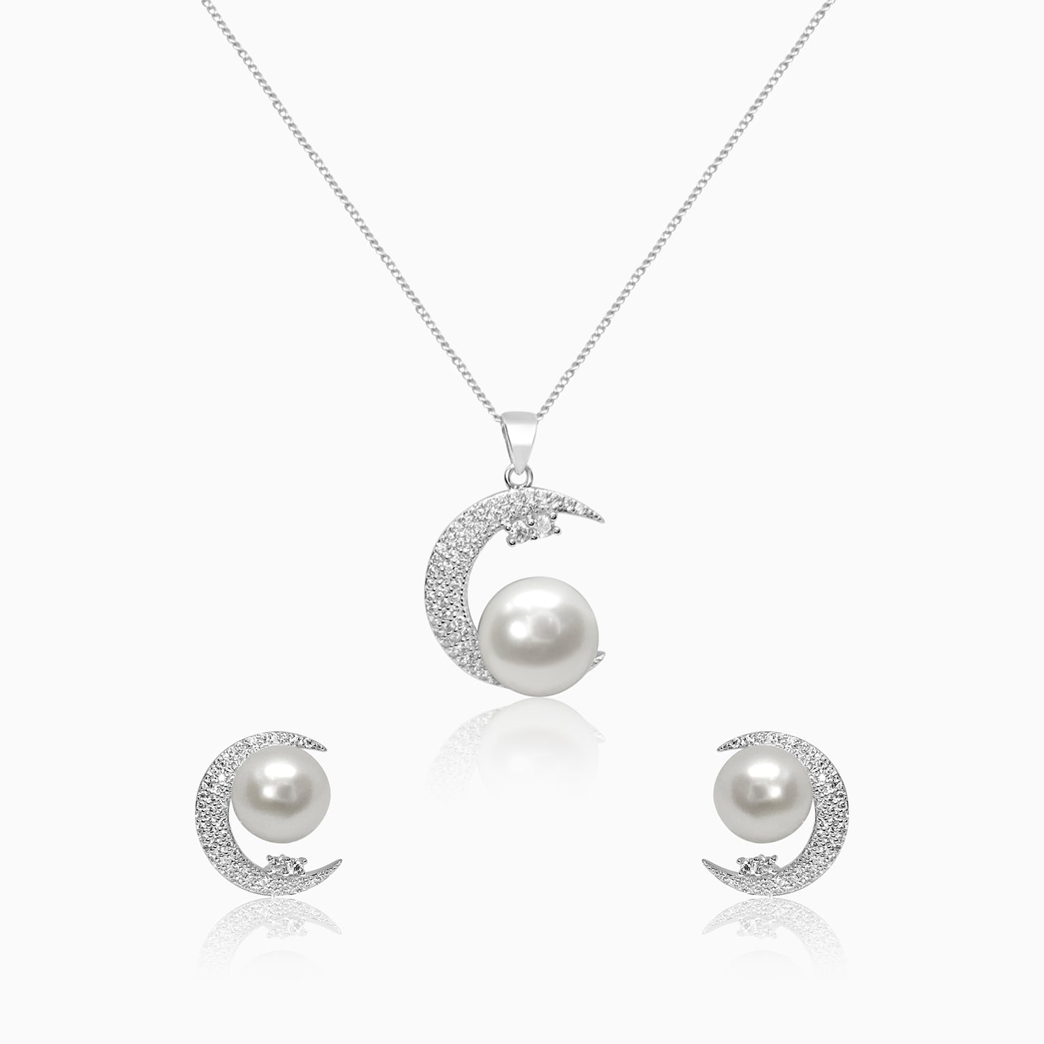 Silver Sparkling Moon Pearl Pendant Set