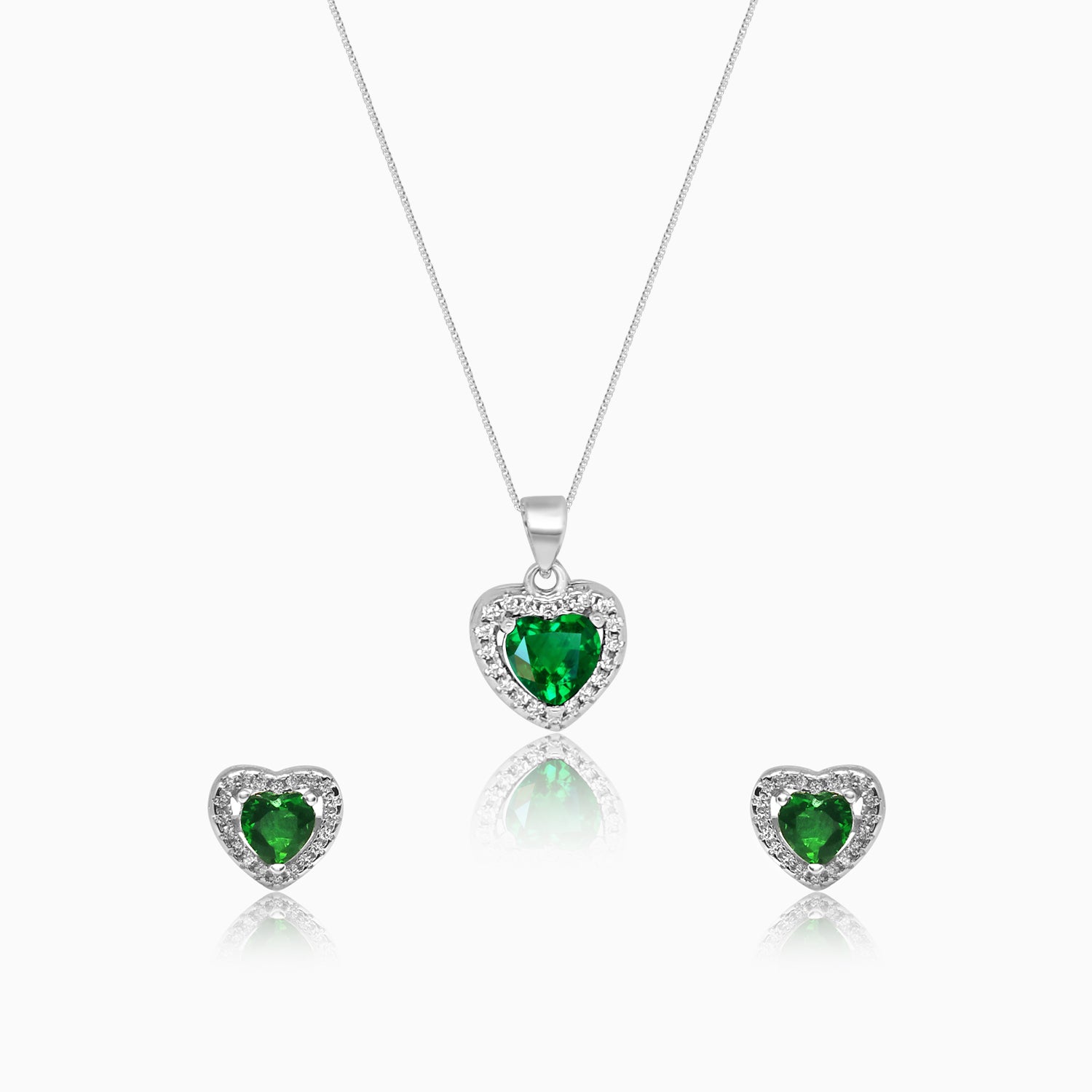 Silver Sparkling Awe Heart Emerald Green Pendant Set
