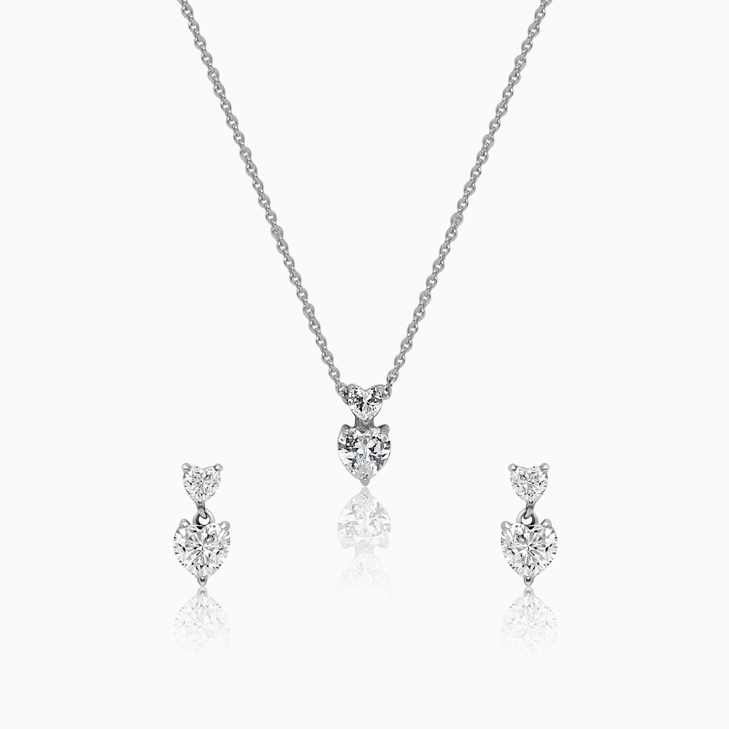 Silver Sparkling Solitaire Heart Embrace Necklace Set