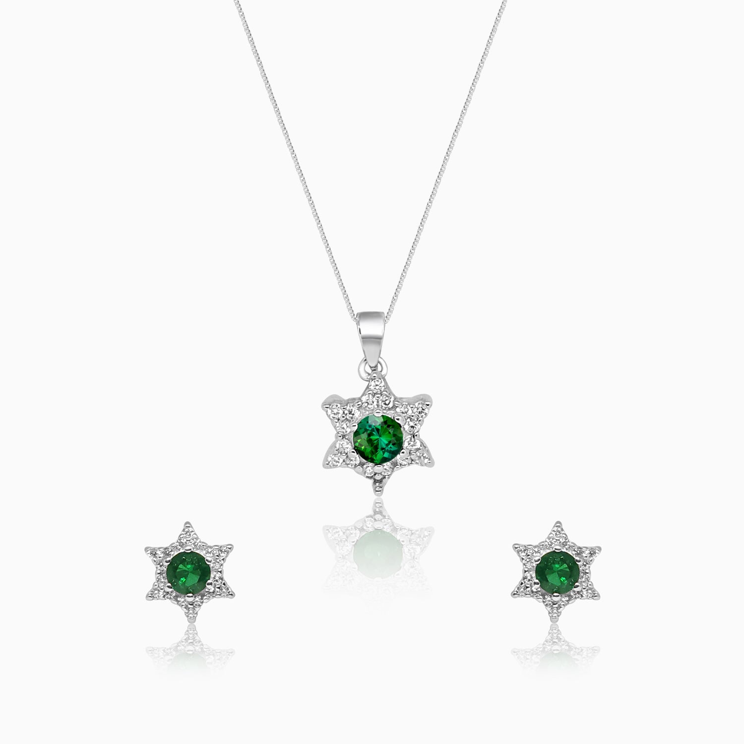 Silver Sparkling Emerald Green Star Pendant Set