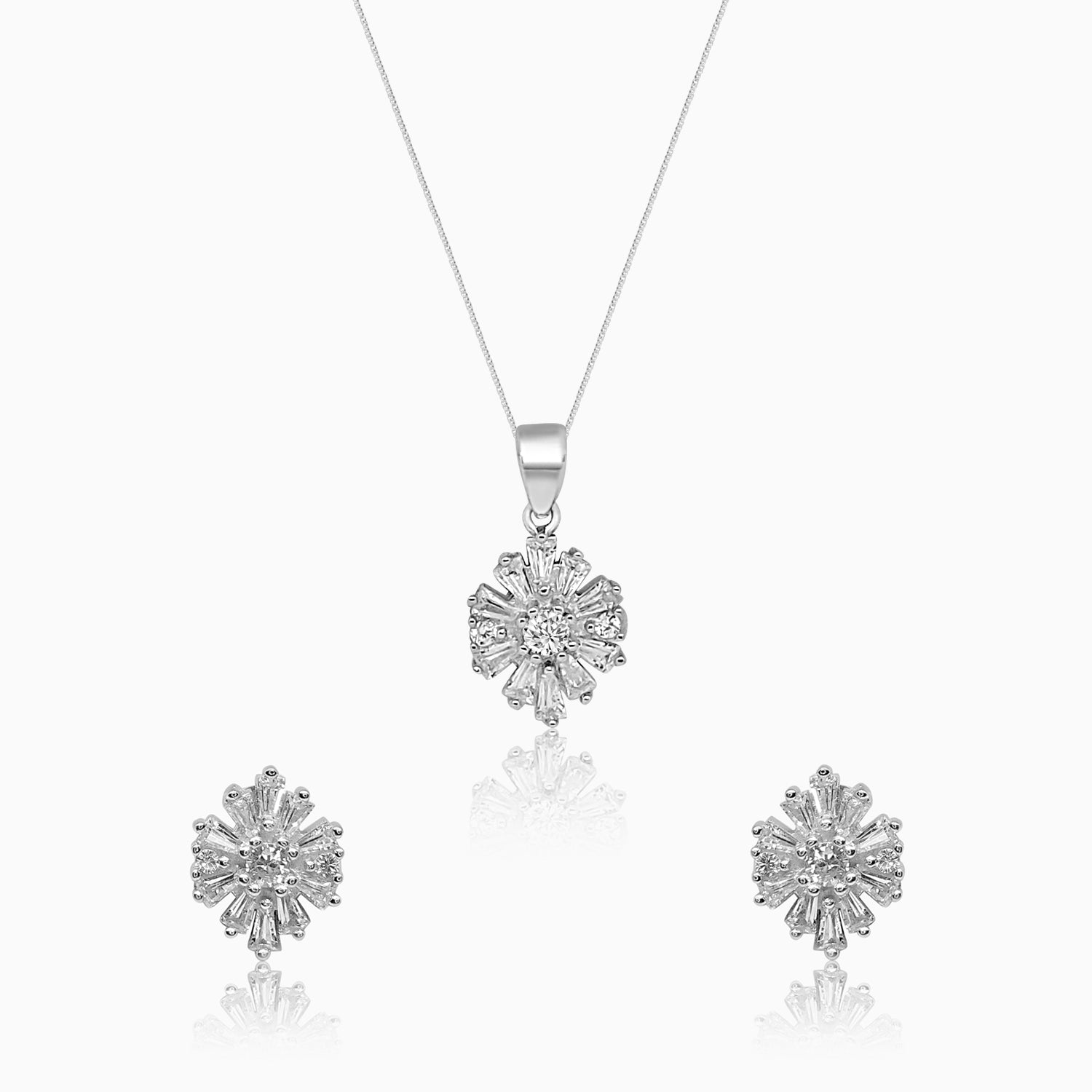 Silver Shimmer Daisy Flower Pendant Set