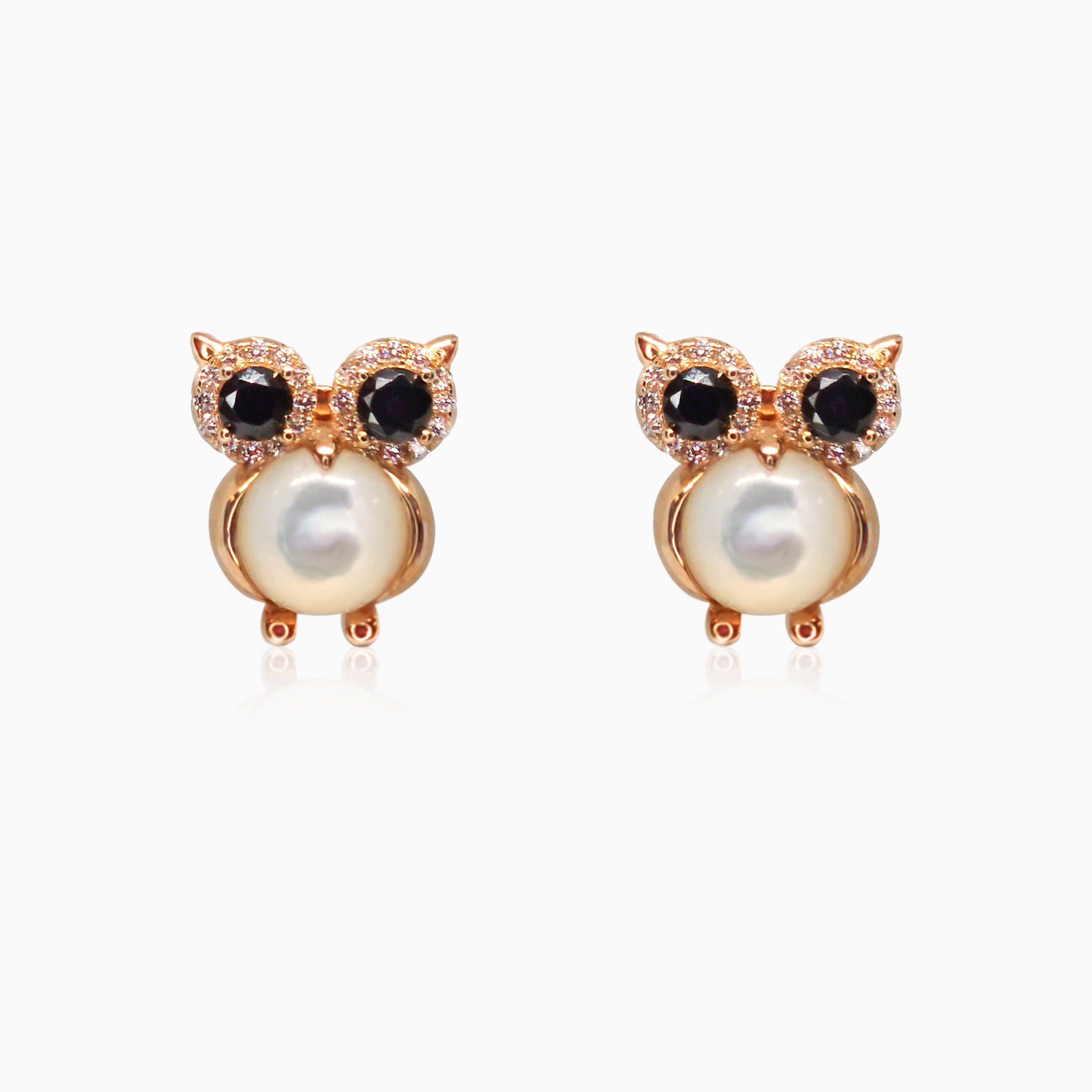 Silver Rose Gold Moonstone Owl Earrings