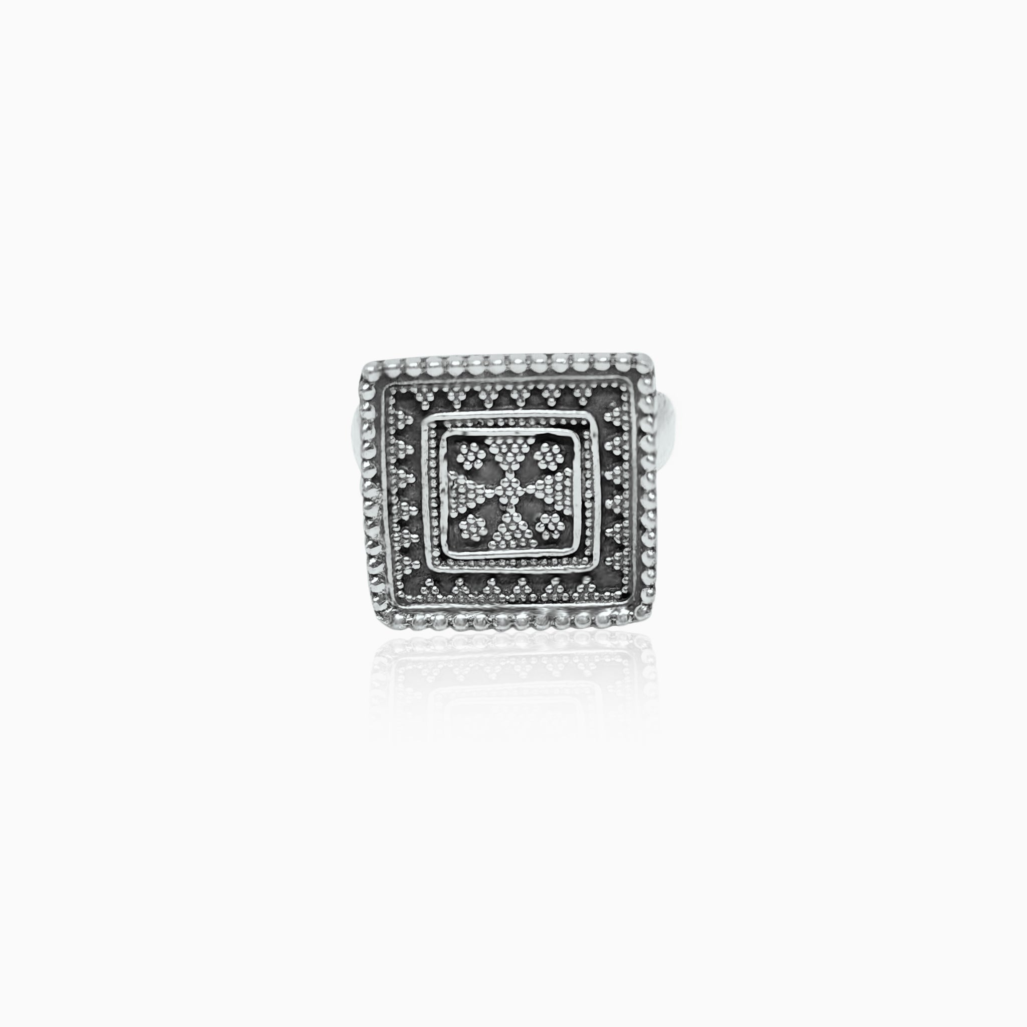 Silver Oxidised Engraved Square Adjustable Ring