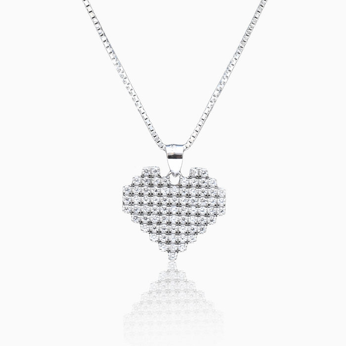 Silver Pixelated Heart Pendant with Link Chain