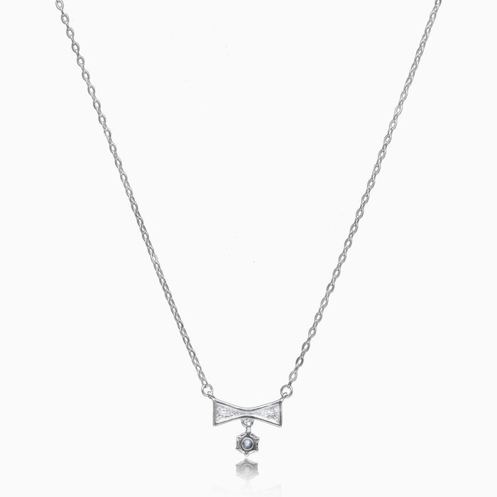 Silver Zircon Drop Bow Necklace