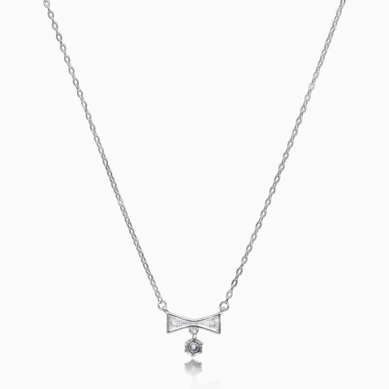 Silver Zircon Drop Bow Necklace