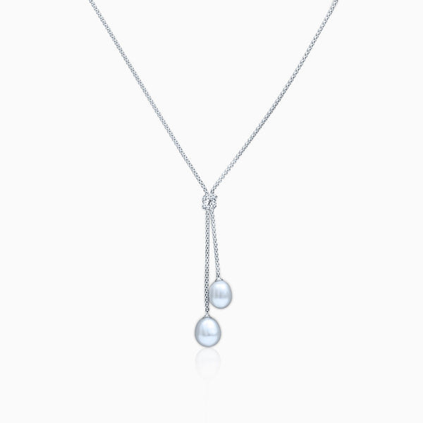 Silver Knotted Dangling Pearls Necklace