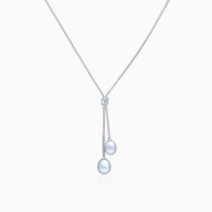 Silver Knotted Dangling Pearls Necklace