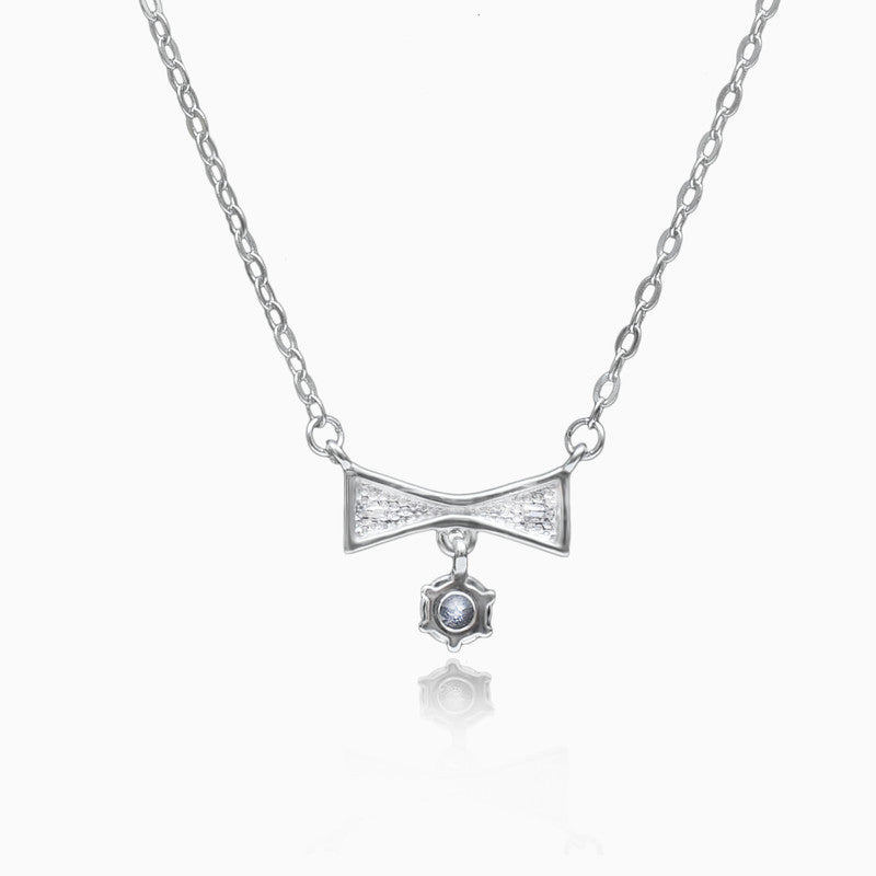 Silver Zircon Drop Bow Necklace