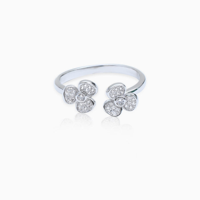 Silver Sparkling Dual Flowers Ring