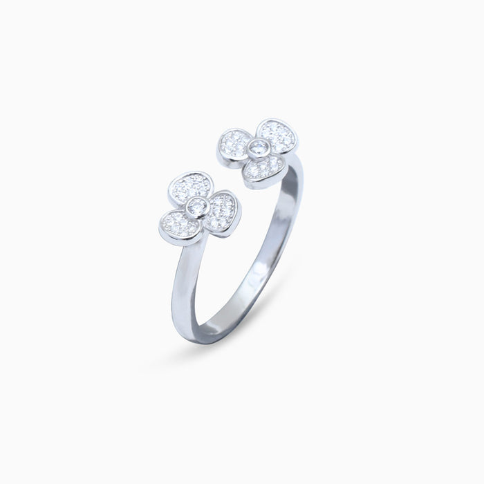 Silver Sparkling Dual Flowers Ring