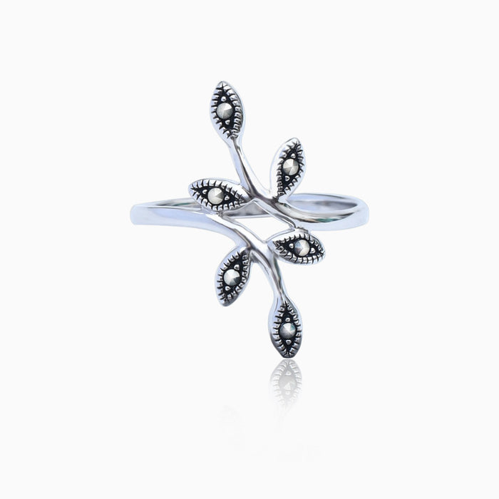 Silver Marcasite Leaf Branch Embrace Ring