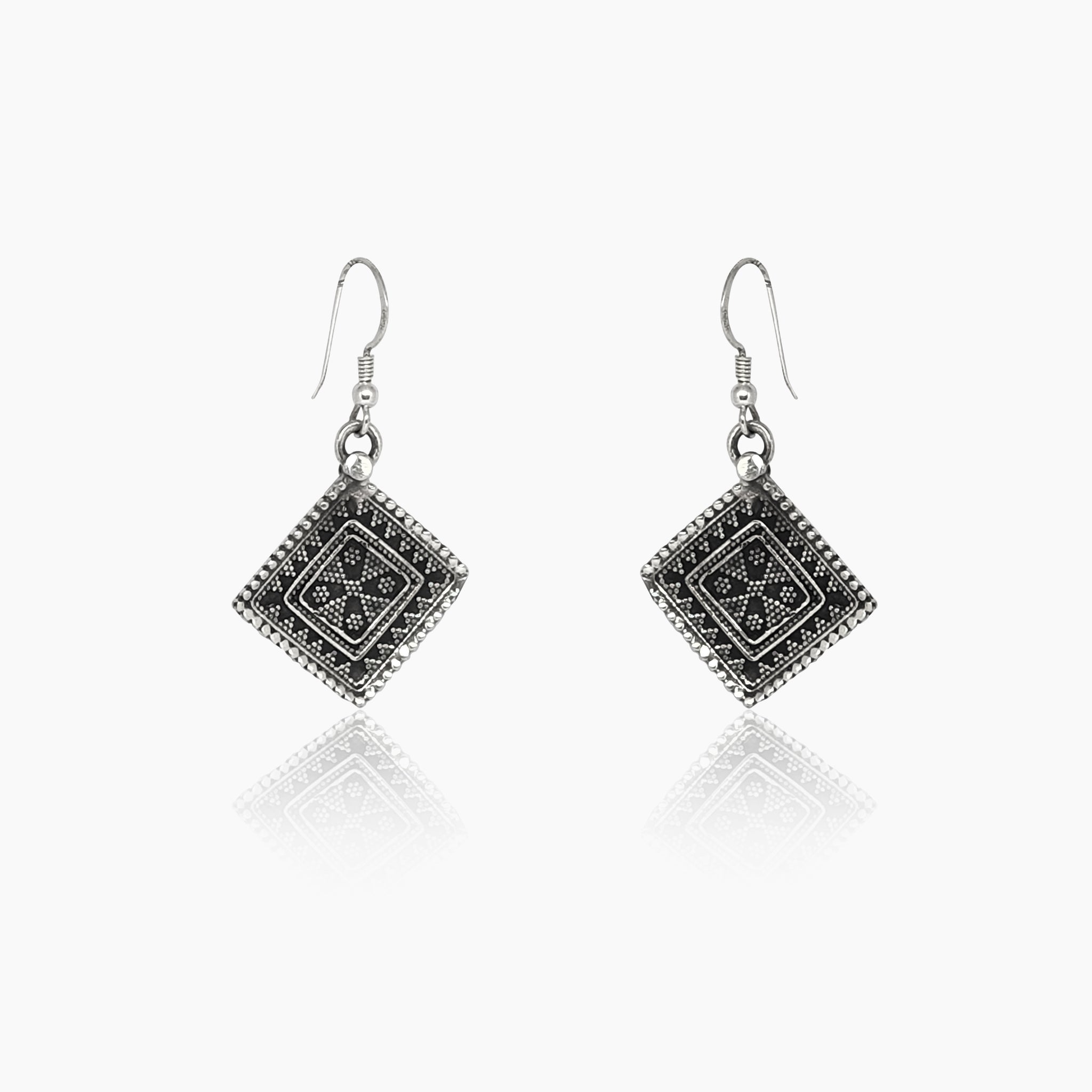 Silver Oxidised Engraved Square Earrings