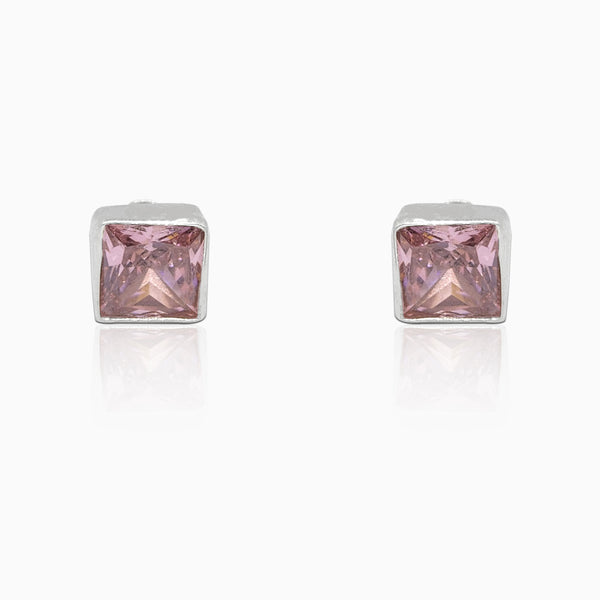 Silver Square Swarovski Pink Studs