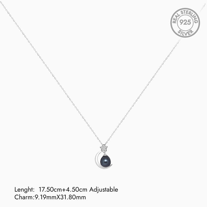 Silver Black Pearl Moon Star Necklace