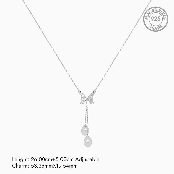 Silver Half Shimmer Butterfly with Dangling Pearls Necklace