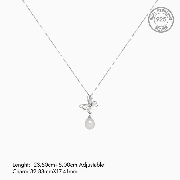 Silver Highlight Butterfly Dangling Pearl Necklace