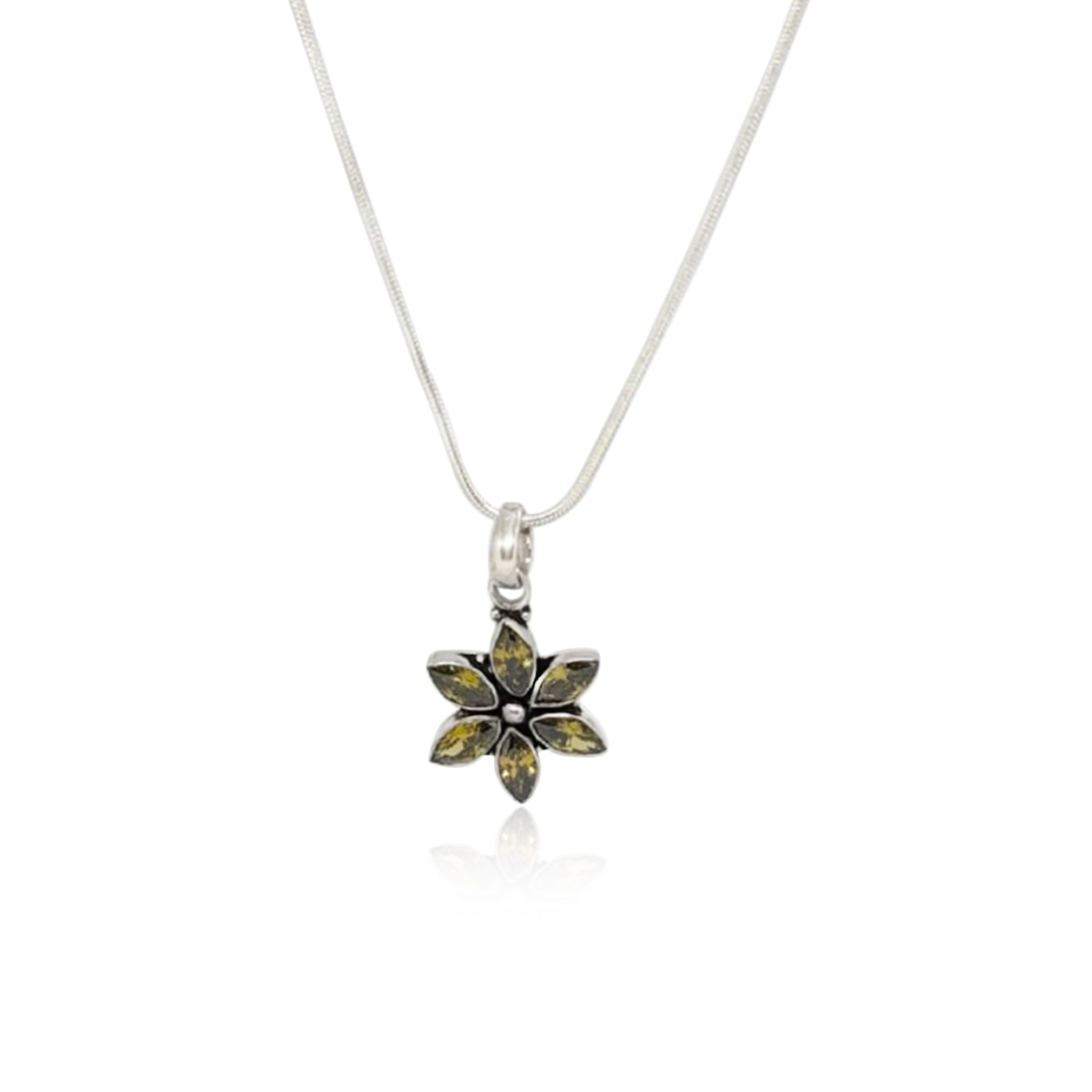 Silver Peridot Little Flower Pendant with Link Chain